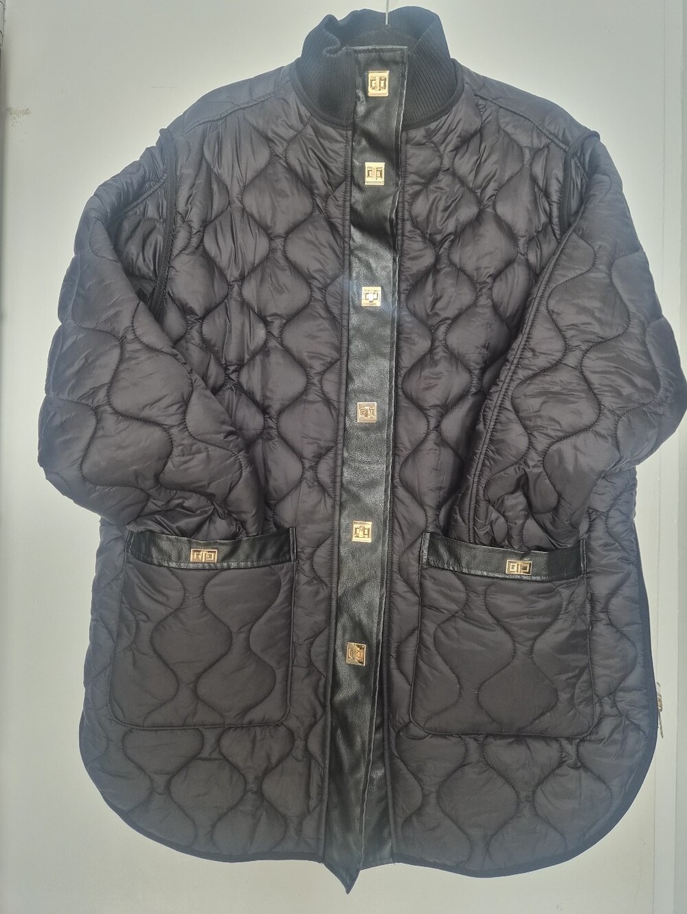 Women's Black Quilted Puffer Coat with Gold-Tone Hardware